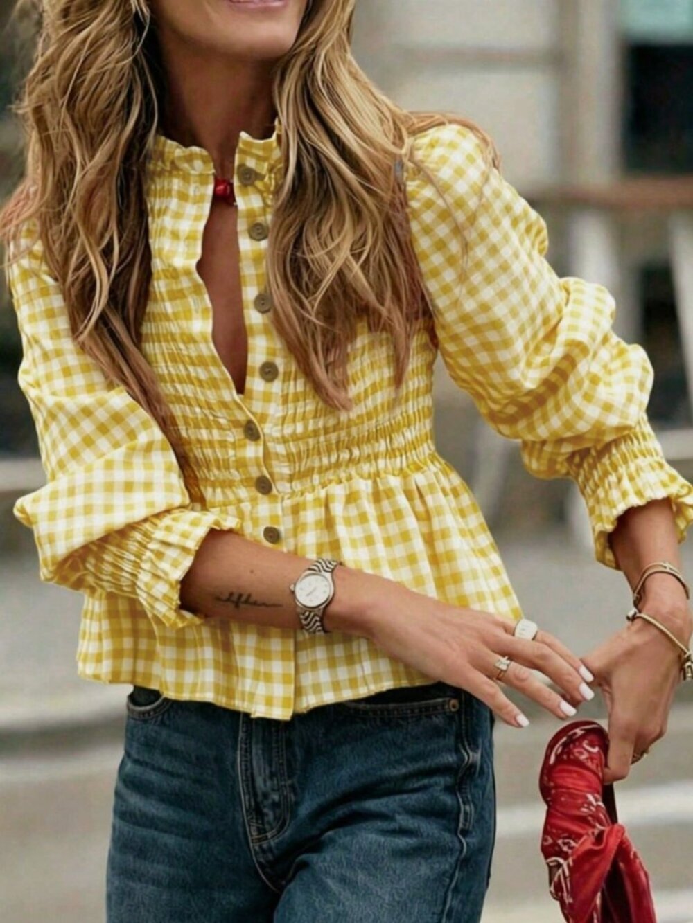 Yellow Casual Women's French Waist Cinching Plaid Top